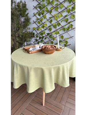 Decamor Home Kadife Dokulu Fıstık Yeşili Dertsiz Yuvarlak Masa Örtüsü