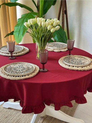 Decamor Home Pamuklu Leke Tutmaz Su Itici Özellikli Bordo Fırfırlı Yuvarlak Masa Örtüsü