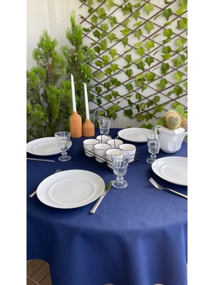 Decamor Home Keten Dokulu Lacivert Yuvarlak Masa Örtüsü