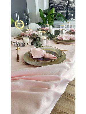 Decamor Home Keten Dokulu Simli Şeker Pembe Masa Örtüsü (Peçete Dahil Değil )