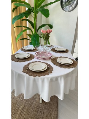 Decamor Home Kadife Dokulu Dertsiz Leke Tutmaz Beyaz Oval Masa Örtüsü