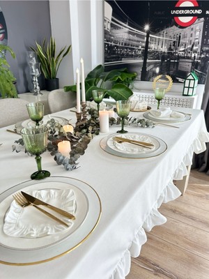 Decamor Home Dertsiz Kadife Dokulu Vintage Fırfırlı Beyaz Dikdörtgen Masa Örtüsü(Peçete Dahil Değil)