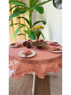 Decamor Home Thin Keten Kumaş Turuncu Mini Pötikareli Fırfırlı Yuvarlak Turuncu Masa Örtüsü (Peçete Dahil Değil)