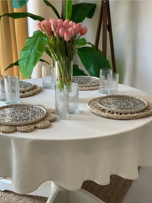 Decamor Home Kadife Dokulu Dertsiz Leke Tutmaz Ekru Yuvarlak Masa Örtüsü