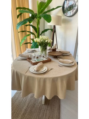 Decamor Home Kadife Dokulu Dertsiz Bej Oval Masa Örtüsü (Peçete Dahil Değil)