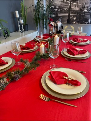 Decamor Home Keten Dokulu Kırmızı Masa Örtüsü Yılbaşı Masası (Peçete Dahil Değil )