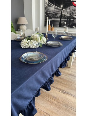 Decamor Home Kadife Dokulu Vintage Fırfırlı Lacivert Marin Dertsiz Masa Örtüsü