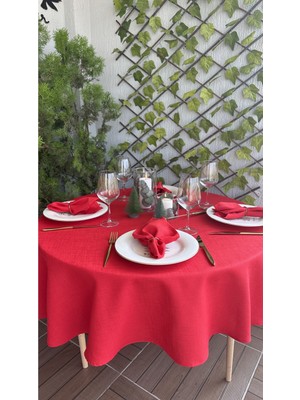 Decamor Home Keten Dokulu Kırmızı Yuvarlak Masa Örtüsü(Peçete Dahil Değil)