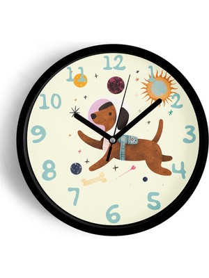 JHAAR Sevimli Astronot Köpek - Uzay Çocuk Odası Modern Duvar Saati - 25cm - Önü Camlı Siyah Kasa