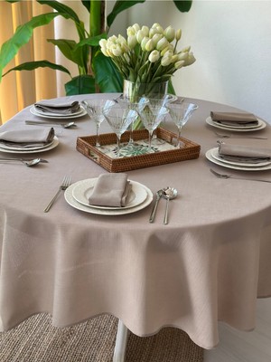Decamor Home Keten Dokulu Bej Oval Masa Örtüsü (Peçete Dahil Değil)