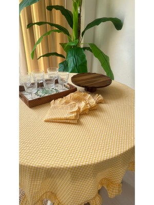 Decamor Home Thin Keten Sarı Mini Pötikareli Fırfırlı Yuvarlak Masa Örtüsü