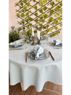 Decamor Home Keten Dokulu Simli Mint Yeşili Yuvarlak Masa Örtüsü(Peçete Dahil Değil)