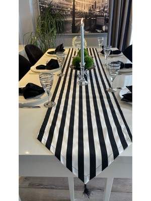 Decamor Home Dertsiz Püsküllü Siyah Beyaz Uzun Runner