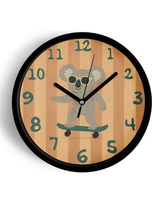 JHAAR Güneş Gözlüklü Kaykay Yapan Sevimli Koala Çocuk Odası Modern Duvar Saati - 42cm - Önü Camlı Siyah Kasa