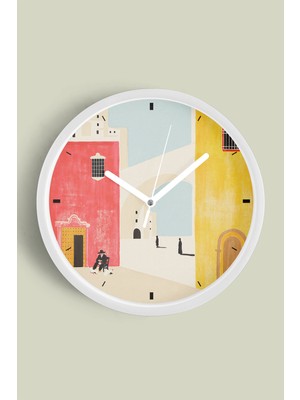 JHAAR Retro Mimari Desenli Modern Duvar Saati - 25CM - Önü Camlı Beyaz Kasa - Sessiz Mekanizma