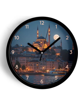 JHAAR İstanbul Boğazı ve Cami Manzaralı Modern Duvar Saati - Büyük XL 42 cm - Siyah Kasa - Camlı Sessiz