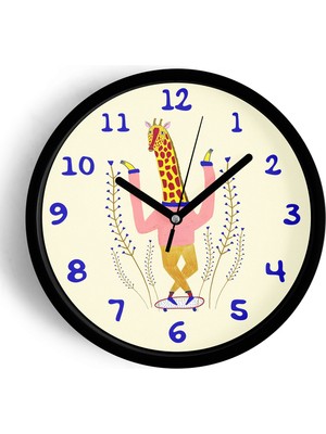 JHAAR Sevimli Zürafa Çizimli Çocuk Odası Duvar Saati - 25CM - Önü Camlı Siyah Kasa - Sessiz Mekanizma