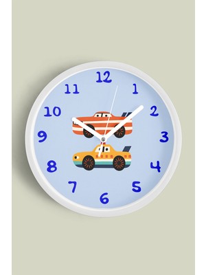 JHAAR Araba Tasarımlı Çocuk Odası Duvar Saati - 25cm - Önü Camlı Beyaz Kasa