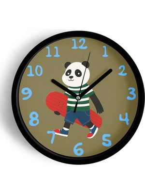 JHAAR Güneş Gözlüklü Kaykay Yapan Sevimli Panda Çocuk Odası Modern Duvar Saati - 25cm - Önü Camlı Siyah Kasa