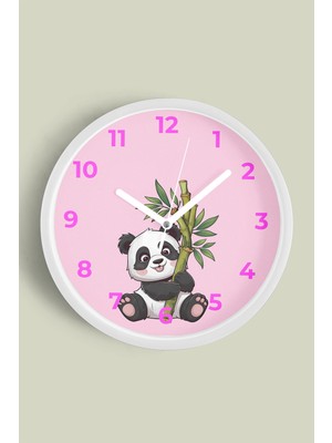 JHAAR Sevimli Panda Çocuk Odası Duvar Saati - 25cm - Önü Camlı Beyaz Kasa