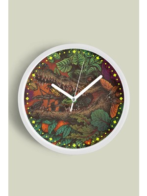 JHAAR Soyut Doğa Timsah Temalı Modern Duvar Saati - 25CM - Önü Camlı Beyaz Kasa - Sessiz Mekanizma