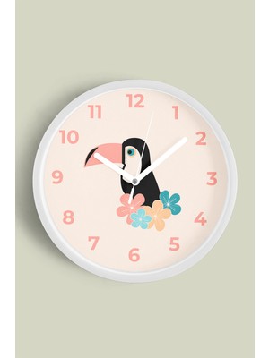 JHAAR Tropikal Tukan Kuşu Çocuk Odası Duvar Saati - 25cm - Önü Camlı Beyaz Kasa