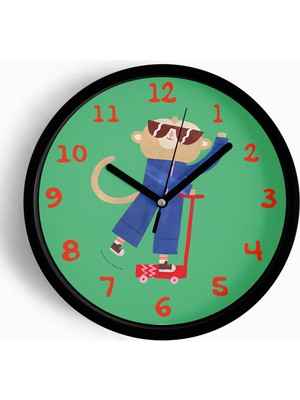 JHAAR Scooter Yapan Artist Maymun Çocuk Odası Duvar Saati - 25cm - Önü Camlı Siyah Kasa