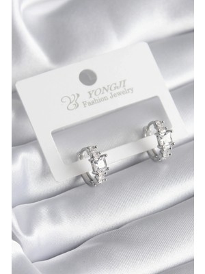 Shopwe Pirinç Gümüş Renk Zirkon Taşlı Kadın Küpe