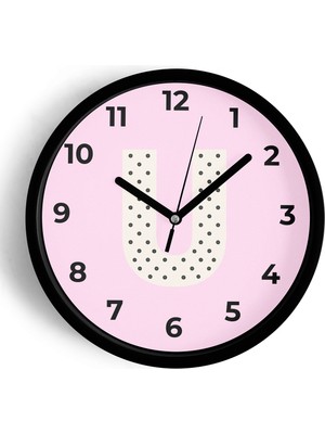 JHAAR U Harfli Pembe Çocuk Odası Modern Duvar Saati - Büyük XL 42 cm - Siyah Kasa - Camlı Sessiz