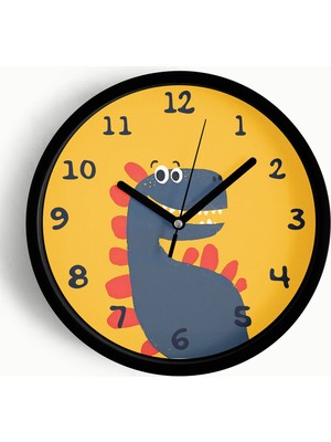 JHAAR Sevimli Dinozor Çizimli Çocuk Odası Modern Duvar Saati - Büyük XL 42 cm - Siyah Kasa - Camlı Sessiz