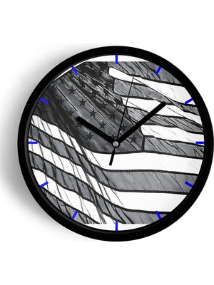 JHAAR Siyah Beyaz Amerikan Bayrağı Tasarımı Modern Duvar Saati - 25cm - Önü Camlı Siyah Kasa