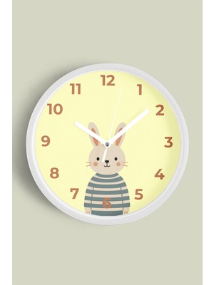 JHAAR Sevimli Tavşan Çocuk Odası Duvar Saati - 25cm - Önü Camlı Beyaz Kasa