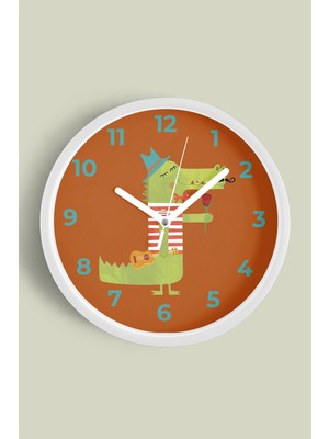 JHAAR Sevimli Timsah Çocuk Odası Duvar Saati - 25CM - Önü Camlı Beyaz Kasa - Sessiz Mekanizma