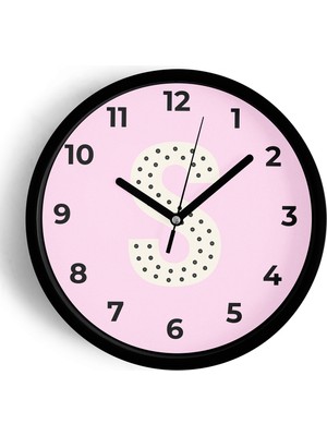 JHAAR S Harfli Pembe Çocuk Odası Modern Duvar Saati - Orta Boyut 25 cm - Siyah Kasa - Camlı Sessiz