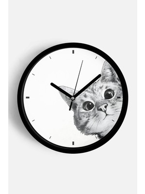 JHAAR Sevimli Kedi Temalı Modern Duvar Saati - 25cm - Önü Camlı Siyah Kasa