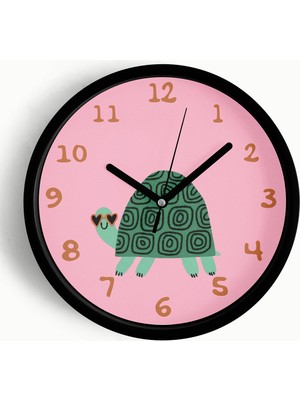 JHAAR Sevimli Kaplumbağa Çocuk Odası Duvar Saati - 25CM - Önü Camlı Siyah Kasa - Sessiz Mekanizma