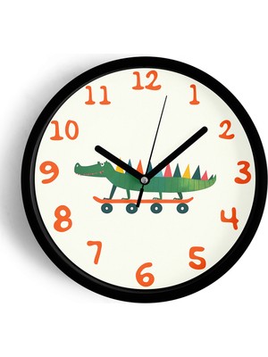 JHAAR Kaykay Yapan Sevimli Timsah Çocuk Odası Modern Duvar Saati - 25cm - Önü Camlı Siyah Kasa