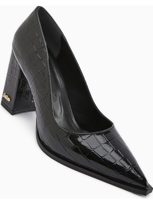 Limoya Lucy Siyah Kroko Kalın Topuklu Ayakkabı Kadın Stiletto