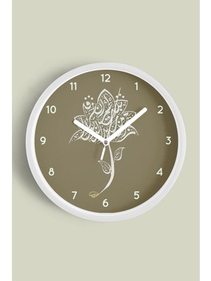 JHAAR Hat Sanatı Çiçek Figürlü İslami Modern  Duvar Saati - 25cm - Önü Camlı Beyaz Kasa