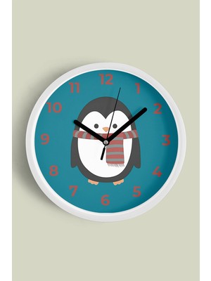 JHAAR Sevimli Penguen Çocuk Odası Duvar Saati - 25cm - Önü Camlı Beyaz Kasa