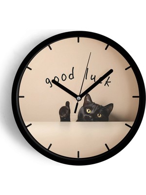JHAAR Good Luck Kedi Tasarımı Modern Duvar Saati - 25CM - Önü Camlı Siyah Kasa - Sessiz Mekanizma