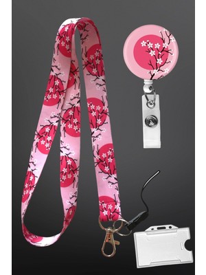 Stormistoretr Pembe Kiraz Çiçeği Desenli 3 Lü Set Boyun Ipi Yoyo Yaka Kartı