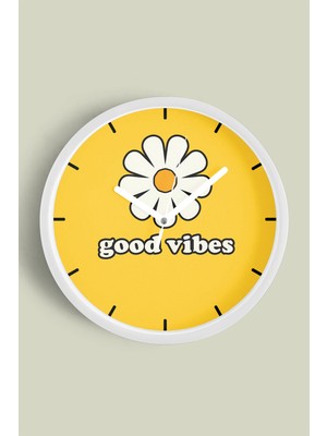 JHAAR Modern Yazılı Papatya Tasarım - '' Good Vibes '' Duvar Saati - 25cm - Önü Camlı Beyaz Kasa