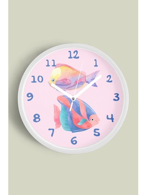 JHAAR Renkli Balıklar Modern Duvar Saati - Çocuk Odası Duvar Saati - 25cm - Önü Camlı Beyaz Kasa