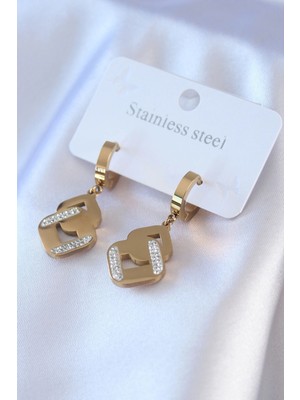 Shopwe 316L Çelik Gold Renk Zirkon Taşlı Kadın Küpe