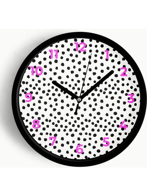 JHAAR Siyah Benekli Pembe Rakamlı Modern Duvar Saati - Büyük XL 42 cm - Siyah Kasa - Camlı Sessiz