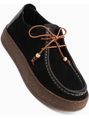 Limoya Polin Hakiki Deri Siyah Süet Bağcıklı Günlük Loafer Ayakkabı