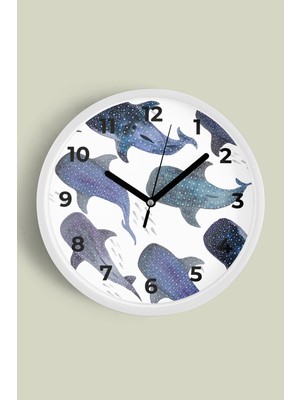 JHAAR Balina Temalı Modern Duvar Saati - 25cm - Önü Camlı Beyaz Kasa