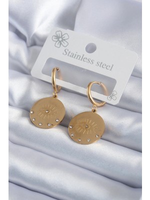 Shopwe 316L Çelik Gold Renk Zirkon Taşlı Göz Işleme Model Kadın Küpe