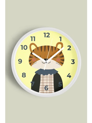 JHAAR Sevimli Kaplan Çocuk Odası Modern Duvar Saati - 25cm - Önü Camlı Beyaz Kasa